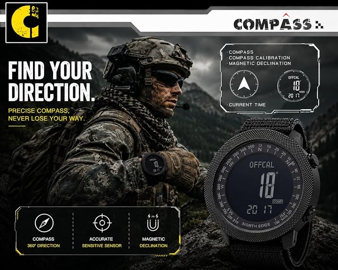 NORTH EDGE Apache Men’s Digital Tactical Watch, Outdoor Sports Watch with Compass, Altimeter, Barometer, Pedometer, Weather Trend, EL Backlight, 50M Water Resistant Hiking Watch