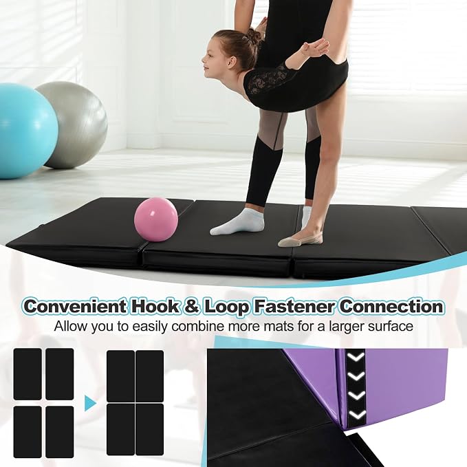 Goplus Gymnastics Mat, Folding Tumbling Mat with Carry Handles, Hook & Loop Fasteners, 4 Panels for Fitness Exercise Yoga Stretching Aerobics Workouts, Thick Gym Mats for Home