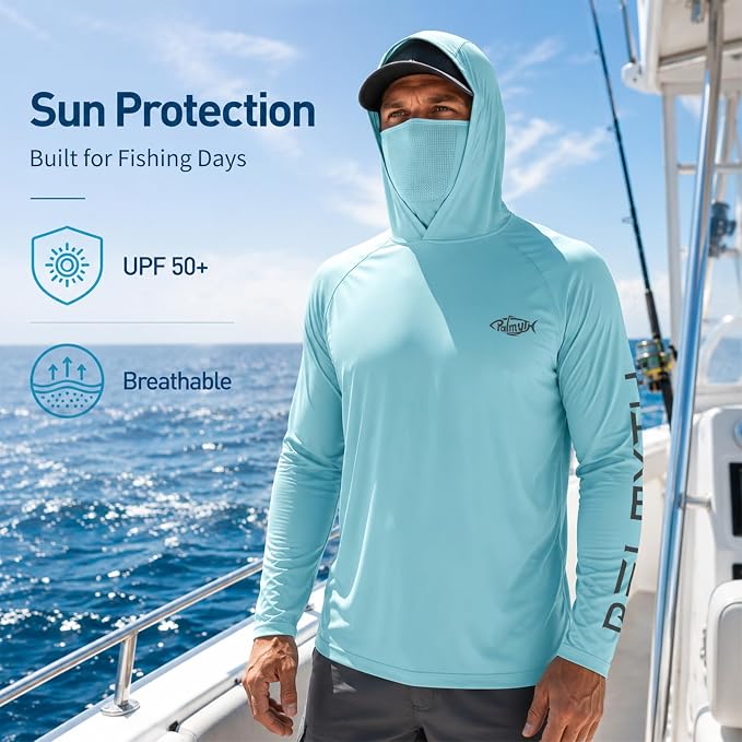Palmyth Men's Fishing Hoodie Shirt UPF 50+ Quick-Dry Breathable Long Sleeve | Long Sleeve Fishing Shirt, UPF 50+ Sun Protection, Quick-Dry Fabric, Breathable Mesh Back, Built-in Face Mask, 4-way Stretch
