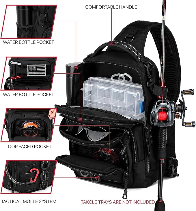 Fishing Sling Bag, Fishing Bag With Rod Holder Fixed Stickers, MOLLE System, Soft Bait & Gear Storage, Gift for Men Black