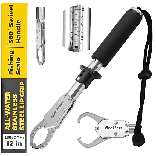 2-in-1 Fish Lip Gripper, 12" Stainless Steel Fish Gripper with Scale, 60lb Weighing Fish Grabber, 360° Non-Slip Swivel Handle, Tool for Saltwater & Freshwater