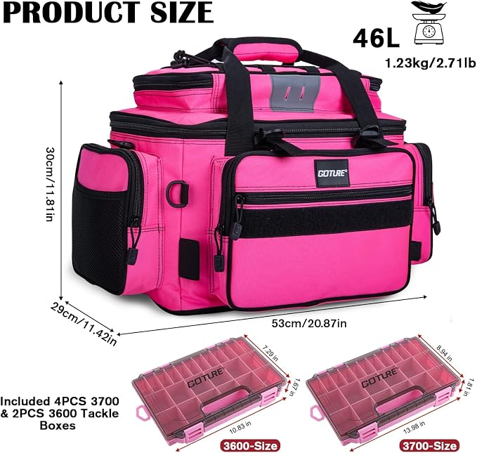 Goture Fishing Tackle Bag with 4PCS 3700 & 2PCS 3600 Tackle Boxes | 600D Water-Resistant, Rod Straps, Detachable Bottle Pouch,Waterproof Bottom, Freshwater & Saltwater Gear Storage Fishing Bag