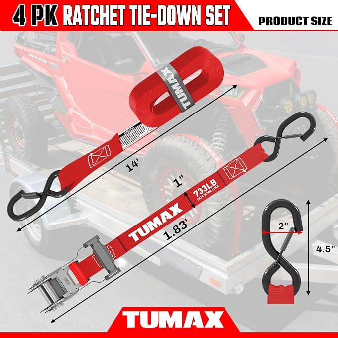 4Pcs Ratchet Tie Down Straps for 2200lb Break Strength, 1” x 15FT Tie Down Straps with Soft Loop & Safety S Hook - Cargo Strap Tie Down for Trucks, Motorcycle, Moving, Appliances, Red