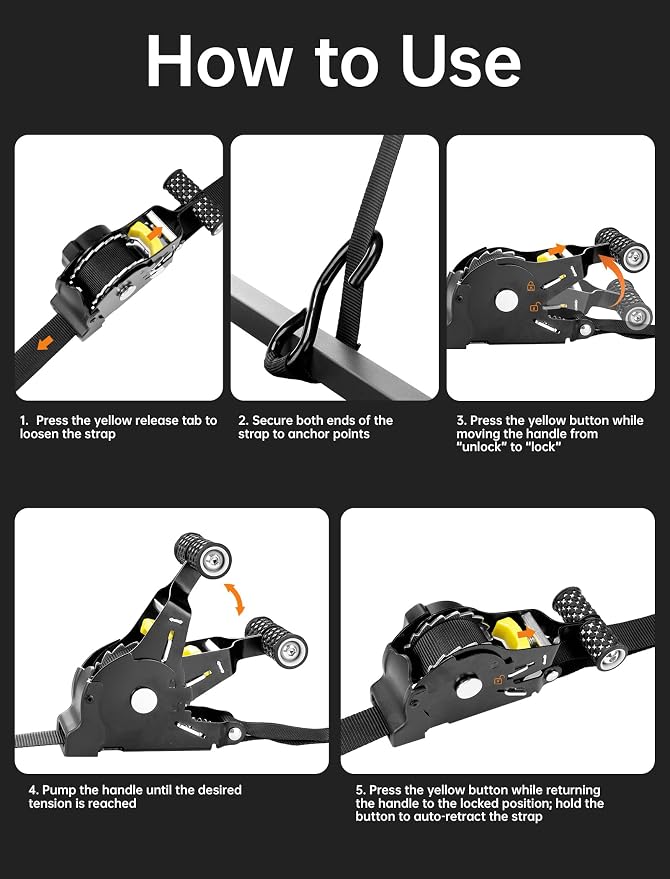 Tomorotec Retractable Ratchet Straps, 1-Inch x 10-Foot Heavy-Duty Tie Downs for Truck, Quick-Release and Telescopic Design, 500 lbs Working Load, 1200 lbs Break Strength, 2-Pack Cargo Straps