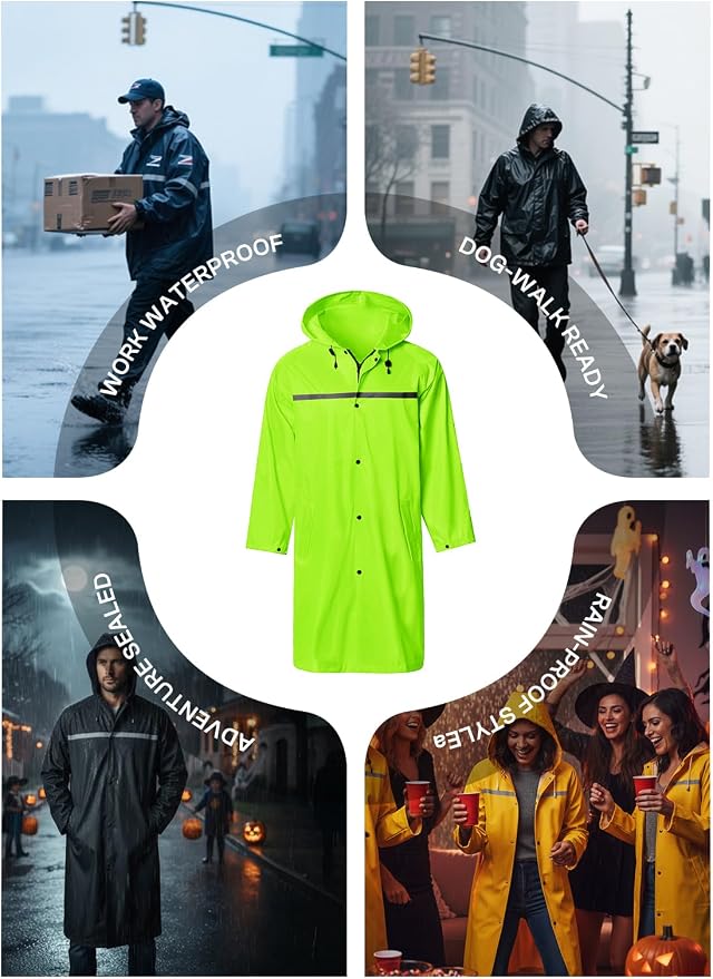 Mens Long Hooded Safety Rain Jacket Waterproof Emergency Raincoat Poncho