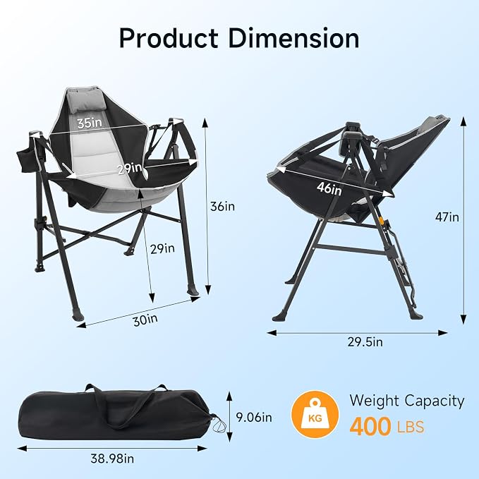Hammock Camping Chair with Adjustable Backrest, 400lbs Heavy Duty Portable Swing Chair Outdoor with Headrest and Cup Holder, Foldable Camping Chair for Camping, Travelling, Patio, Lawn, Black