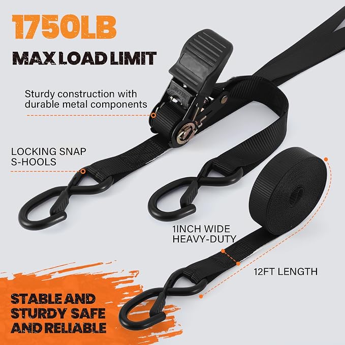 1" x12FT Black Ratchet Straps for Truck & Cargo - 4-Pack Heavy Duty (1,750lb) Extra Long Tie Downs for Trailer, ATV/UTV, Motorcycle & Equipment Moving