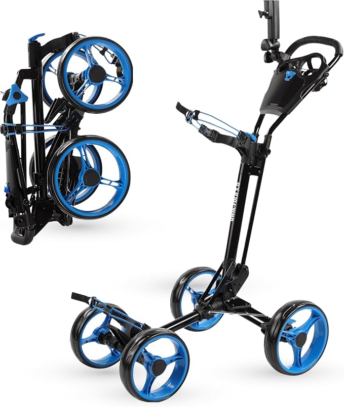 Qwik-Fold Golf Push Cart 4-Wheel with Foot Brake – 1-Second Fold Golf Trolley, Lightweight Aluminum Frame, Adjustable Handle, Ball-Bearing Wheels & Umbrella Holder
