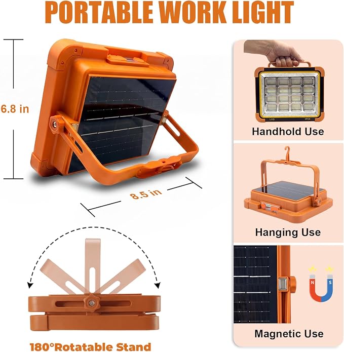 120W Solar Rechargeable Work Light, 192 LED 10000LM Portable Flood Light with Stand，LED Work Light with 5 Modes，IP66 Waterproof Outdoor Light for Mechanic Camping Fishing Repair (1)