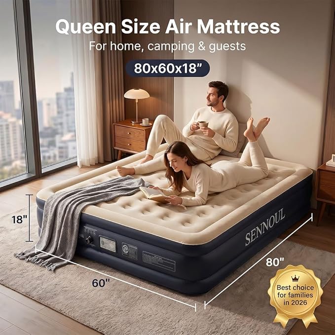 SENNOUL Air Mattress Queen with Built in Pump, Inflatable Mattress Blow Up Mattress 18 Raised Comfort,Upgraded Surface Portable Bed, Air Bed for Home, Guest, Camping, Colchone Inflable, 650 lbs
