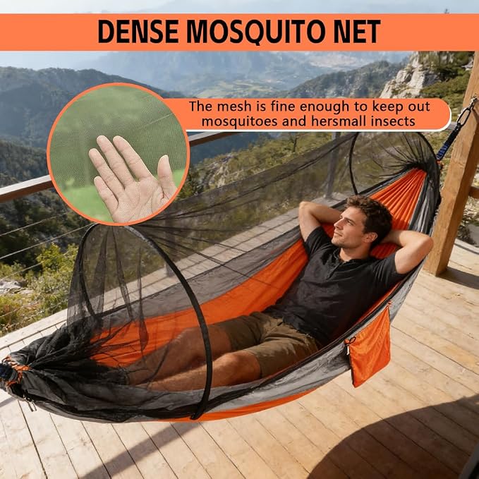 Camping Hammock with Mosquito Net - Double & Single Portable Hammocks with 2 Tree Straps, Lightweight Hammock Tent for Outdoor Camping, Hiking, Backpacking, Beach & Backyard (Orange)