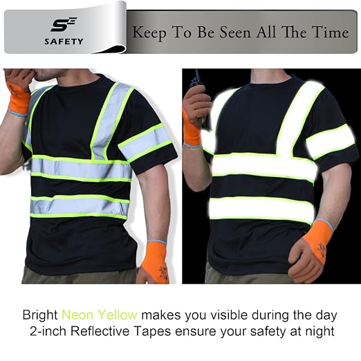 sesafety Men's Black Class 3 Reflective Safety Shirt, High Visibility Work T-Shirt with Chest Pocket, Stain Resistant Hi Vis Tee for Towing, Mechanics