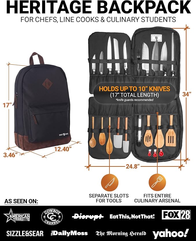 Chef Sac Chef Knife Leather Backpack with 10-Pack Knife Guards Included