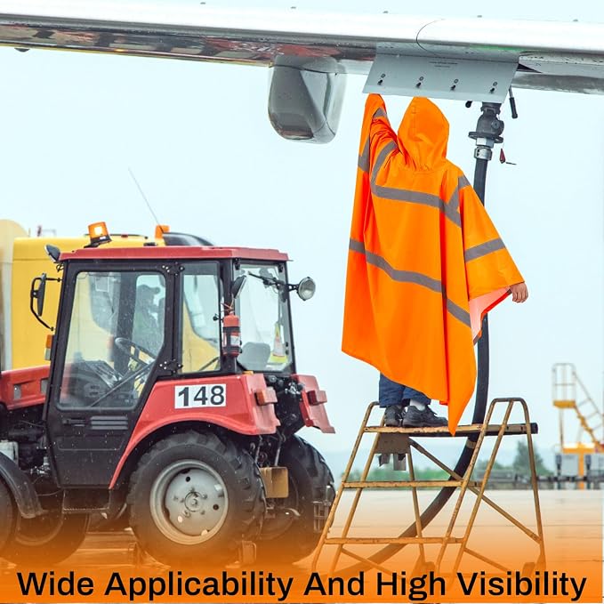 Coume High Visibility Rain Poncho 50x80 in, Waterproof Windproof Reflective PVC Safety Rain Gear with Drawstring Hood & Large Pocket for Construction, Traffic, Camping, Fishing, Outdoor Worker, Orange