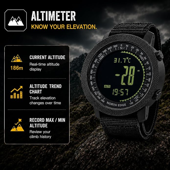 NORTH EDGE Apache Men’s Digital Tactical Watch, Outdoor Sports Watch with Compass, Altimeter, Barometer, Pedometer, Weather Trend, EL Backlight, 50M Water Resistant Hiking Watch