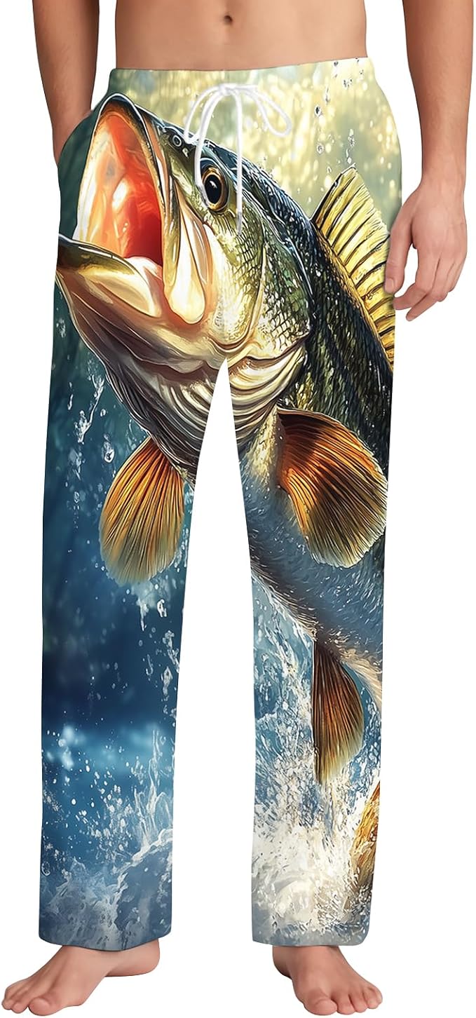 KOYI Fish Pajama Pants, Funny Fishing Print Lounge Pants, Cozy Unisex Sleepwear for Men Women, Novelty Pajama Bottoms