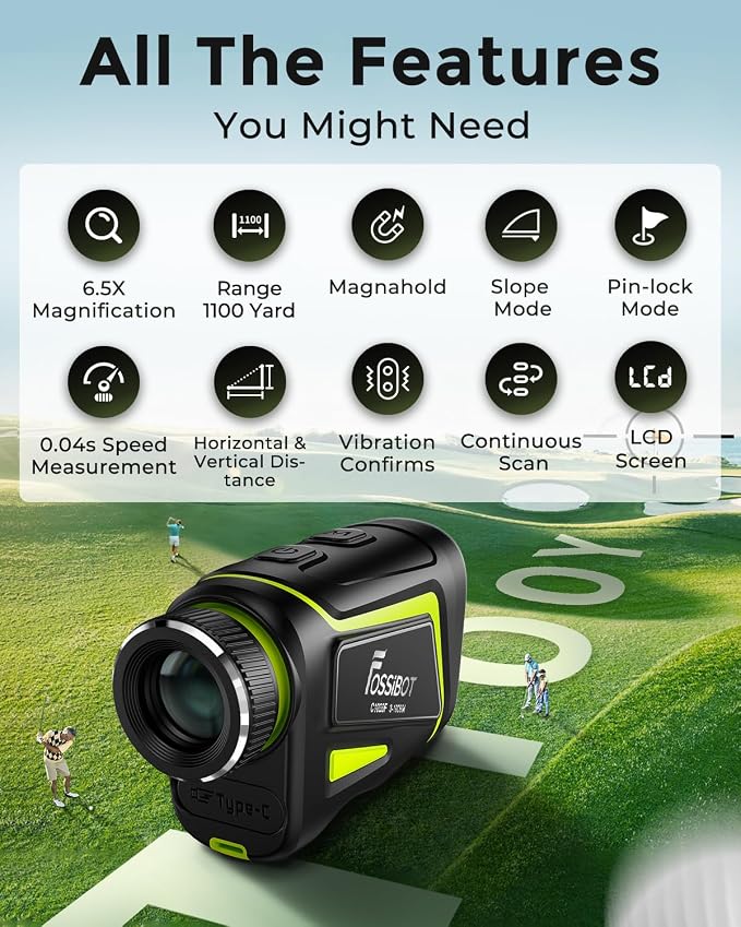 FOSSIBOT Range Finder Golf Rangefinder with Slope and Magnetic,Flag Pole Locking Vibration,6.5X Magnification,3-1100 Yards.