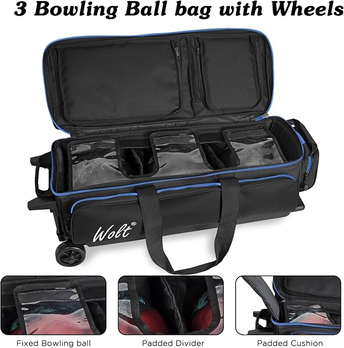 WOLT 3 Ball Bowling Bags with Wheels,Bowling Ball Bag 3 Ball Roller with Separate Shoe Compartment and Accessory Pocket, Retractable Handle Extends to 38’’