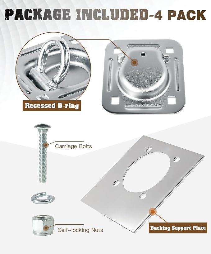 Recessed D Ring Tie Down Anchors 4 Pack (6,000 Lbs), Heavy Duty Trailer Floor Tie Downs and Anchor Points for Securing Cargo, Equipment, ATV, UTV, Truck – Silver
