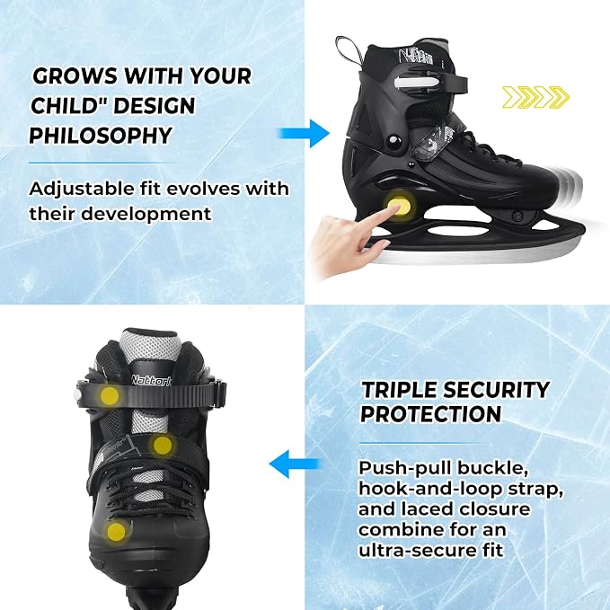 Nattork Ice Skates 4 Sizes Adjustable for Kids Boys Girls, Fun Beginner Ice Skating for Outdoor, Soft and Comfortable Hard Protection for Children Youths Teen