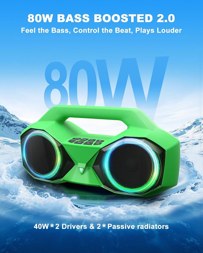 OZJ Bluetooth Speaker Outdoor Loud: 80W(Peak) with Bass, Portable Wireless Speaker with IPX7 Waterproof, 20H Playtime, RGB Lights, TWS for Outside, Beach, Work (Green)