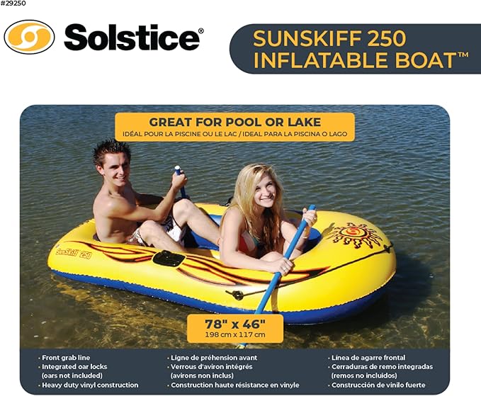 SOLSTICE Inflatable Boat Rafts 2 Person for Adults & Kids Comes W/ Pole Oar Holders Cushioned Comfortable Base Grab Line 6 Ft Size Sunskiff Kits Dinghy Air Floor Yellow
