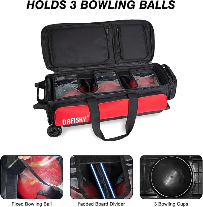 DAFISKY 3 Ball Bowling Bags with Wheels, Roller Bowling Bag with Multiple Pockets Retractable Handle Extends to 38‘’