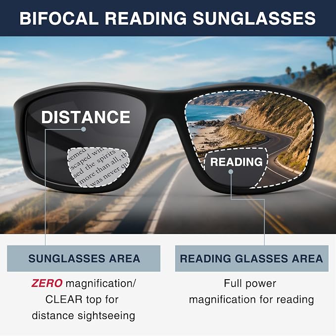 DEHOTRE 2 Pack Bifocal Reading Sunglasses Men Wrap Around Sports Sun Readers Outdoor Clear Top Soft Nose Pads PC Frame UV400