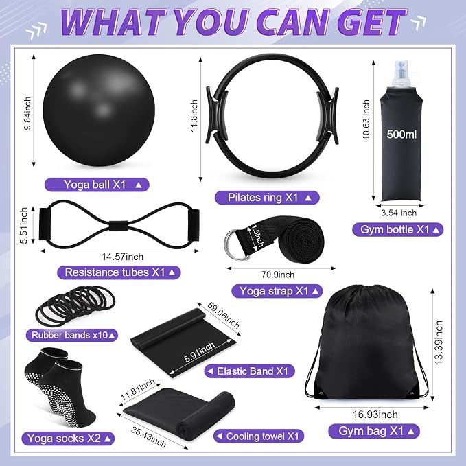 Halloscume 24 Pcs Pilates Kit, Home Pilate Equipment for Women, Pilates Ring and Ball Set with Stretching Strap, Water Bottle, Magic Circle, Yoga Ring, Gym Bag, Resistance Band, Anti Slip Sock