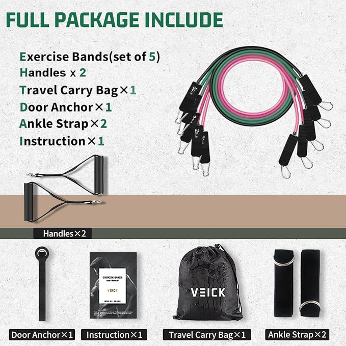 VEICK Resistance Bands Set, 10-150 LBS Stackable Exercise Bands with Handles, Ankle Straps & Door Anchor, Workout Bands for Home Gym, Yoga, Pilates, Physical Therapy for Men Women