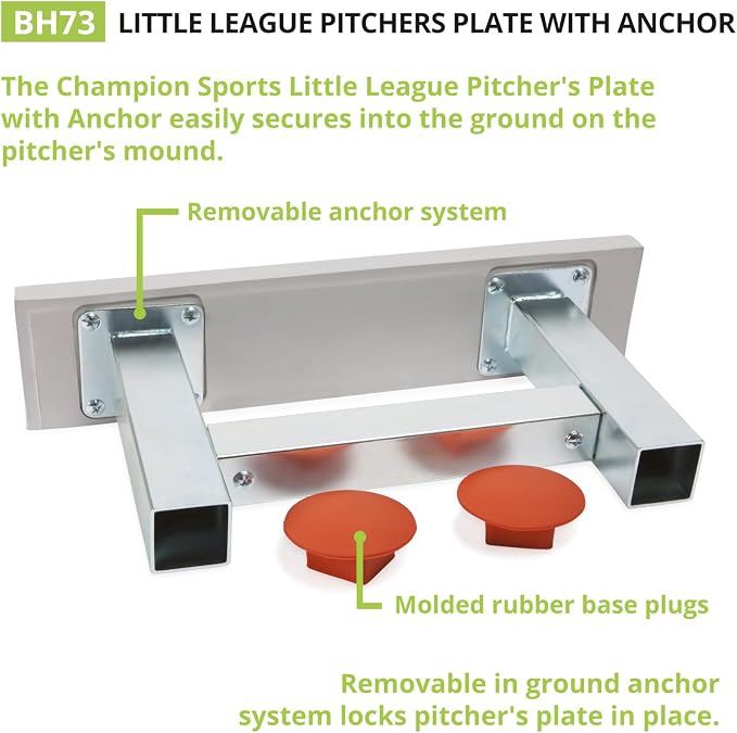 Champion Sports Anchor Style Pitcher’s Plate with Removable In-Ground Anchor – Baseball/Softball - All Weather Durability - Molded Rubber Base - Youth or Official Sizes