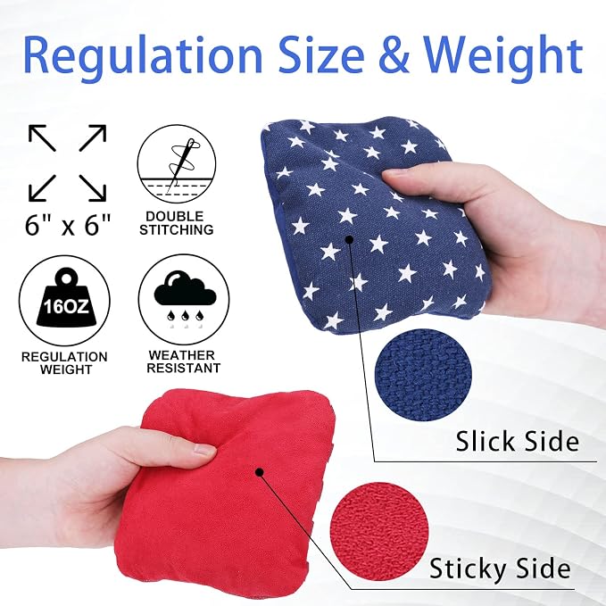 EunHo Regulation Cornhole Bags Set of 8 - Dual Sided Slick and Stick Cornhole Bean Bags for Tossing Game Professional All Weather Pro Corn Hole Bags with Tote Bag