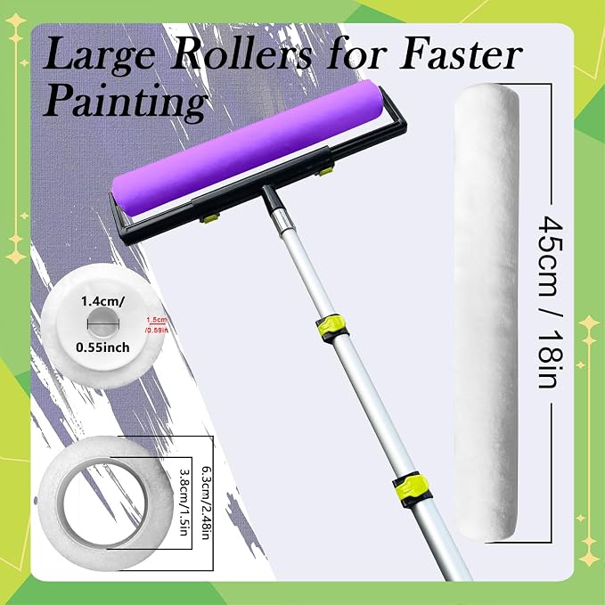18 Inch Paint Roller Kit, 18” Paint Rollers, 24 Inch Paint Tray, 9”-18” Adjustable Roller Frame, 2.13-4.69ft Extension Pole for Walls,Ceiling,Floors,Interior,Exterior Painting