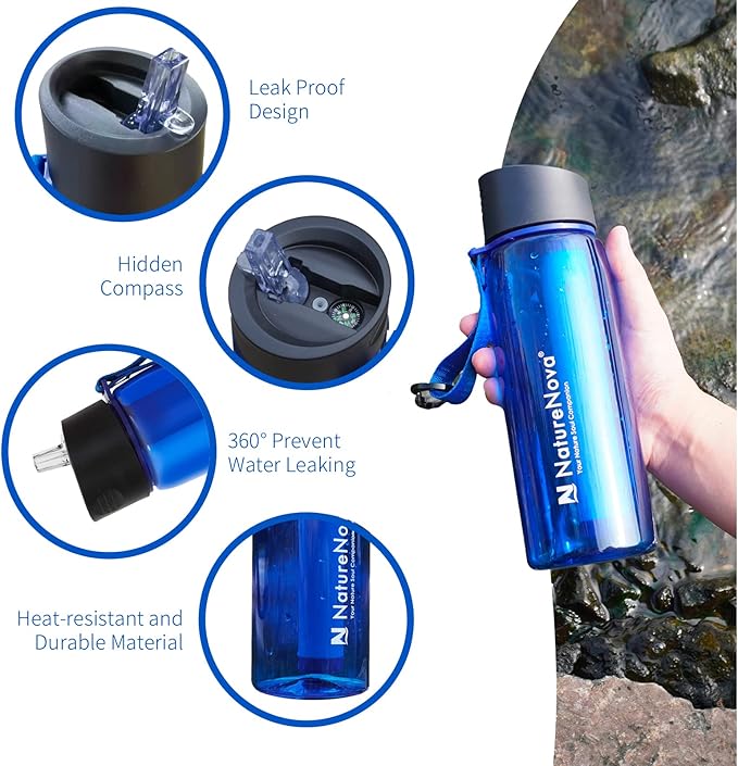 Mini Water Filter NatureNova Portable Emergency Water Filtration(2 Pack,Black) with Naturenova Water Filter Bottle(2 Pack Blue/Black)