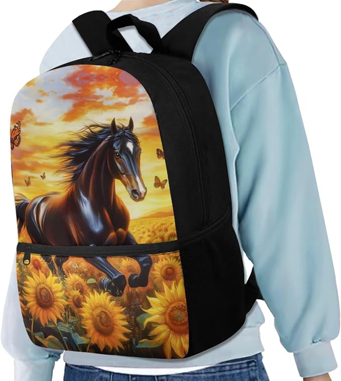 Horse Backpack for Girls School Bags with Lunch Bag Pencil Case and Water Bottle Holder Sunflower Bookbag Purse Large Capacity School Supplies 4 in 1