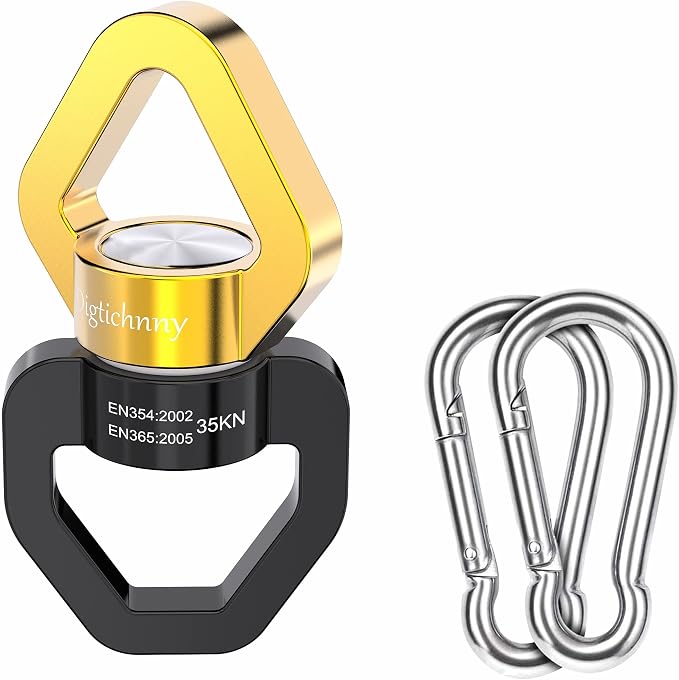 Swing Swivel Heavy Duty, 35KN Safety Rotational Device,Spinner Swivel for for Web Tree Tire Rope Swing, Aerial Dance, Hanging Hammock with 2 carabiners,Black Gold