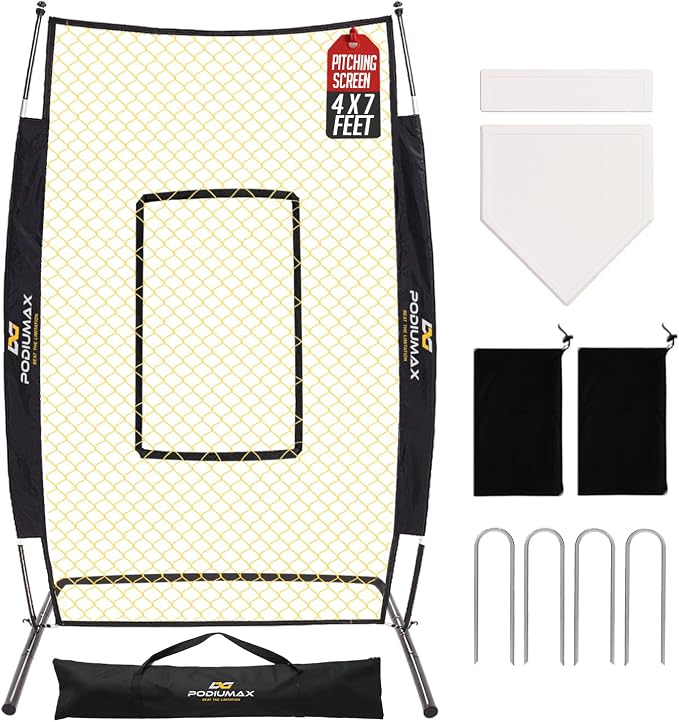 PodiuMax 7x4FT Baseball Pitching Screen with Strike Zone, Batting Net with Upgrade U-Shaped Base, Pitching Net for Pitchers Protection, Baseball I Screen for Fields Batting Cages