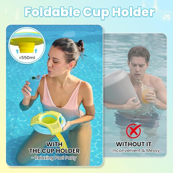 Mambobaby Floating Bluetooth Speaker with Collapsible Cup Holder, IPX7 Waterproof Shower Speaker with 360° Sound & LED Lights, Pool, with Versatile Hanging Strap, Great Gift for All Ages(Yellow Blue)