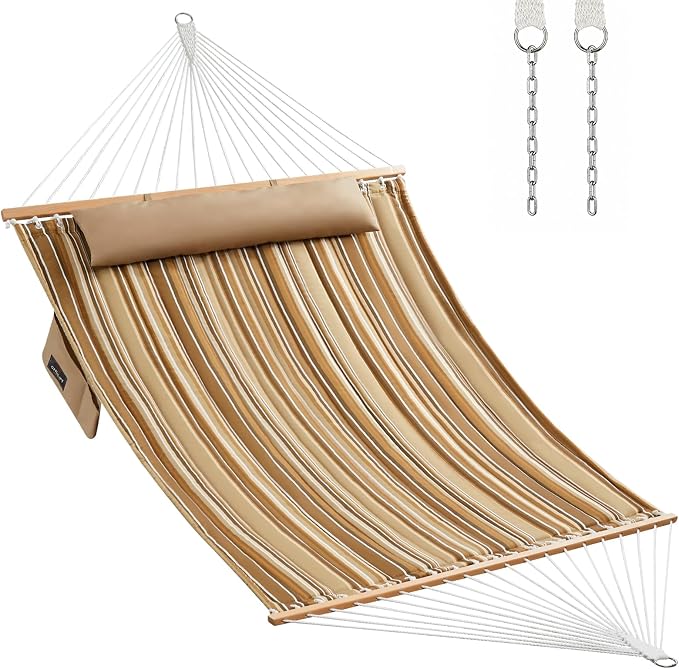 Double Quilted Fabric Hammock with Hardwood Spreader Bars and Pillow 450 LBS Capacity 2 Person Large Hammock for Outdoor Patio Backyard Poolside - Brown Stripe