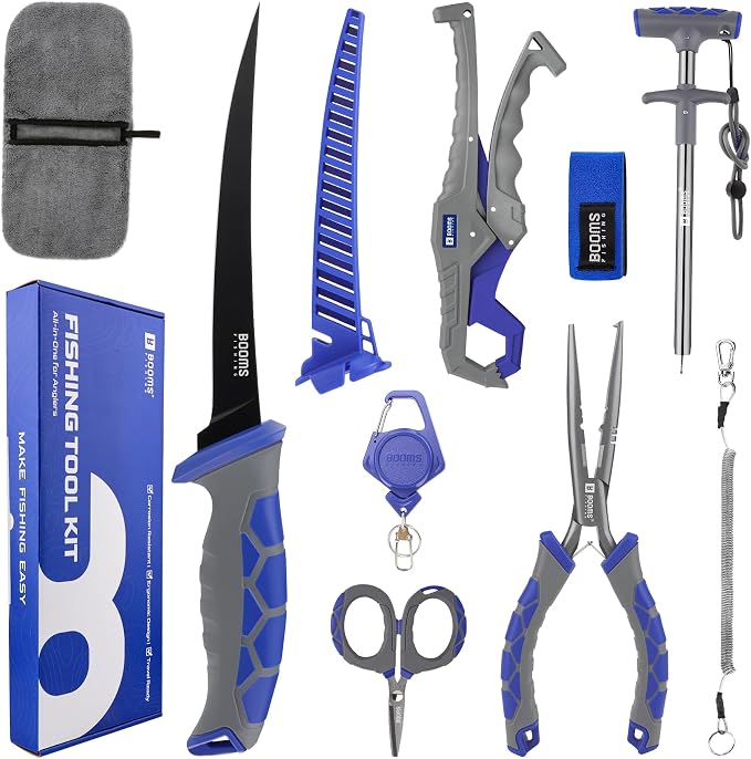 Booms Fishing Gear and Equiment: 9pcs Fishing Tool kit - 7" Fillet Knife, 9" Needle Nose Pliers, Digital Fish Scale with Gripper, Dehooker, Scissors, Towel, Retractor and 2 lanyard for Saltwater, XT05