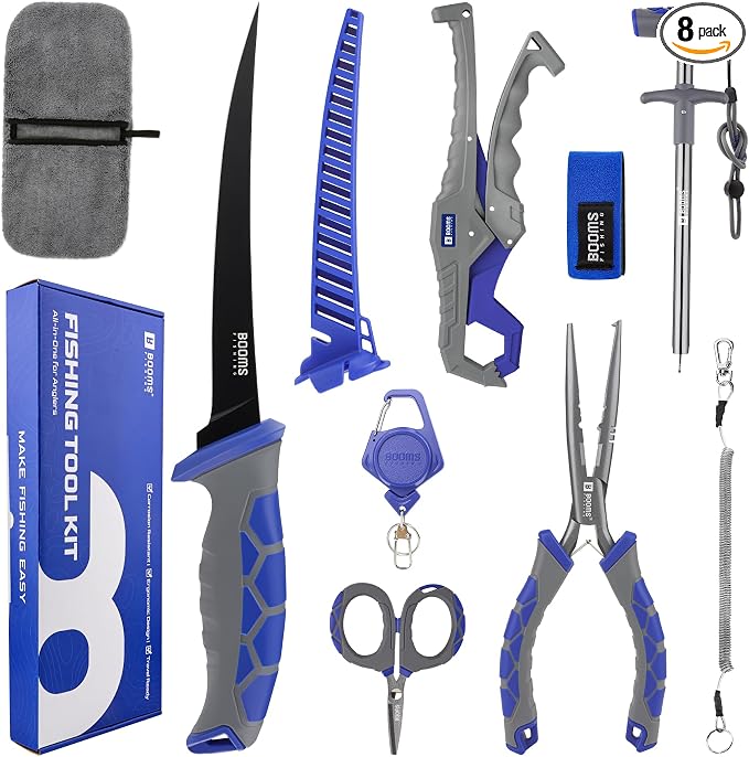 Booms Fishing Tool Kit Saltwater: 8pcs Fishing Gear and Equiment - 7” Fillet Knife, Needle Nose Pliers, Fish Gripper, Scissors, Retractor, Rod Strap, Hook Keeper, Lanyard - Fishing Gift for Men, XT02