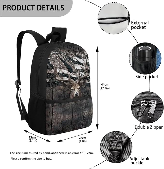 Camo Deer Hunting Kids Bookbag School Backpack with Lunch Box for Girls,American Flag Deer Childrens Backpack for Boys School Bags with Pencil Case and Bottle Holder Set of 4