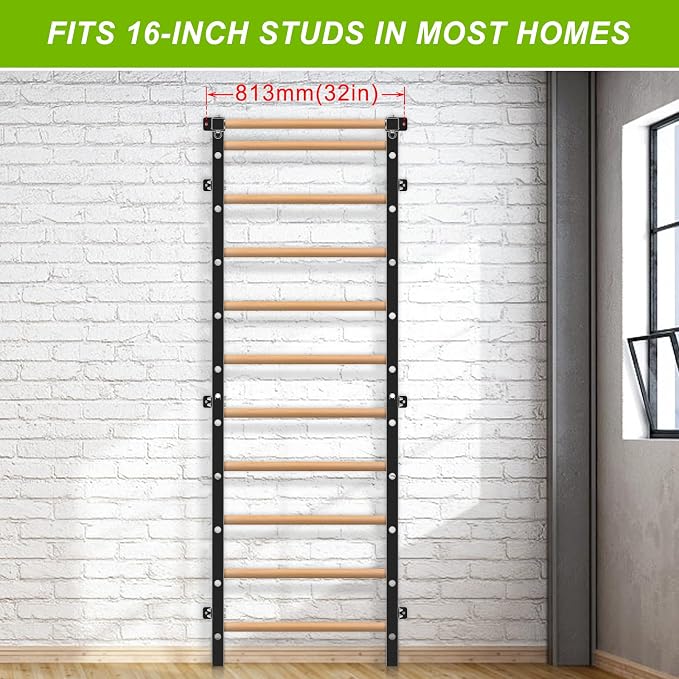 Swedish Stall Bars 2"x2" with 1" Holes, Wall Mounted Wood Gym Ladder for Suspension Training, Home Gym, Calisthenics, Physical Therapy, School & Clinic