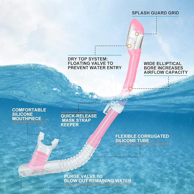 Odoland Snorkel Set, Adults Snorkeling Packages with Dry Top Diving Mask, Adjustable Swim Fins, Mesh Bag, Anti-Fog Anti-Leak Snorkeling Gear for Men Women