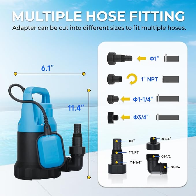 Automatic Water Pump, 2250GPH Sump Pump Submersible Basement Portable Electric Utility Water Pump Removal for Pool Draining Basement Hot Tubs Garden Pool Cover Pond, Blue