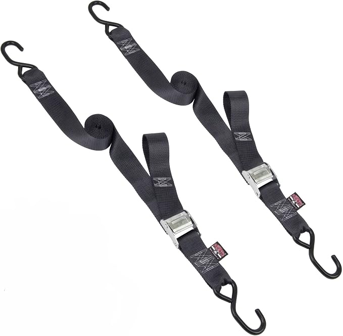 PowerTye Cam Buckle Tie Down Straps – 2 inch x 8ft Straps with S-Hooks – Ideal for Motorcycle, ATV, Trailers, and Truck Bed Cargo – 600 lb WLL & 1,800 lb Break Strength – USA Made, Black (Pair)