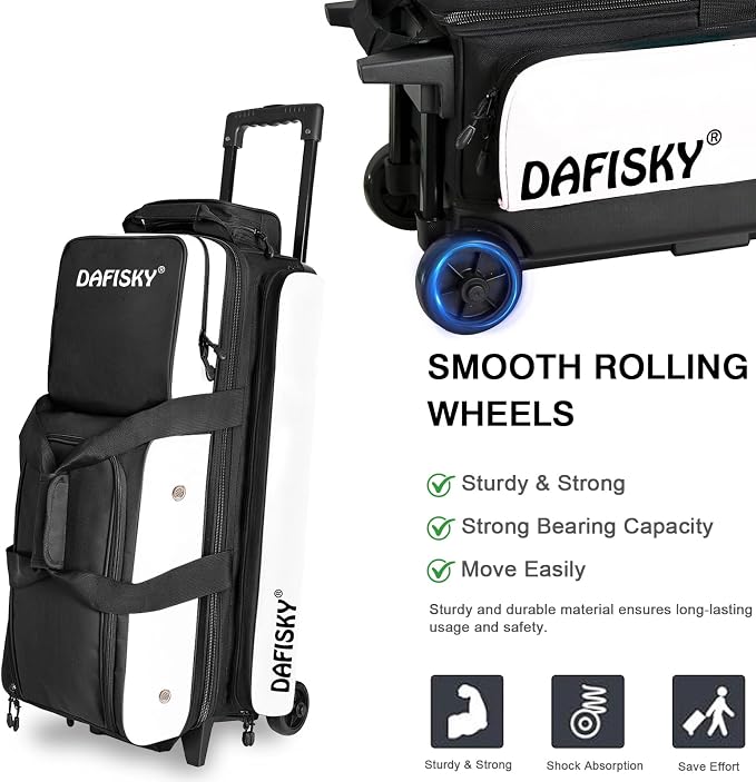 DAFISKY 3 Ball Bowling Bags with Wheels, Roller Bowling Bag with Multiple Pockets Retractable Handle Extends to 38‘’
