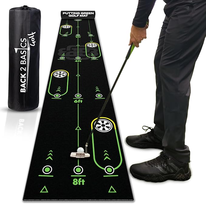 BACK 2 BASICS Golf Portable Putting Green Indoor Golf Putting Mat 10ft, Alignment Aid Trainer for Practice Indoor and Outdoor, Home or Office Compact Roll Target Gate Precision Control Tool