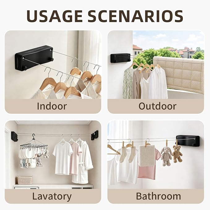 Anti-Sag Retractable Clothesline 40LB Capacity - 201in Stainless Steel Laundry Line for Indoor Outdoor, Wall Mounted Space Saving Easy Install (Black, Double Lines)