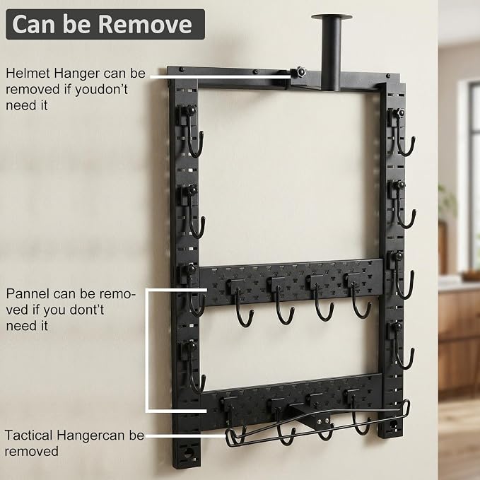 SUNPIE Horizontal Gun Rack Mount 25''W by 35''H, Heavy Duty Steel, Keeps 80lb, Indoor Tools Tactical Guns Racks Set with Helmet Hook and Upgrade Tactical Hanger, Black